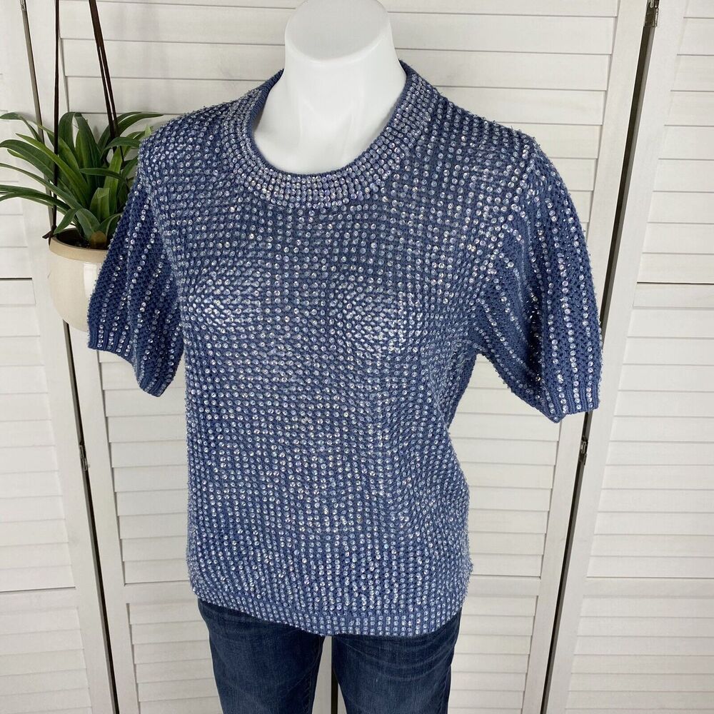 Vintage NEK Northeast Knitters L Blue Sequin Open Knit Short Sleeve Sweater Top‎